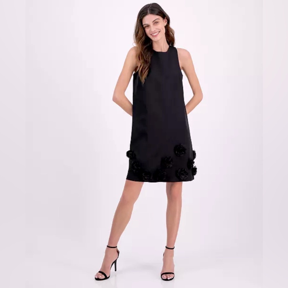 Anne Klein Women's Jewel-Neck Rosette-Trim Shift Black Dress